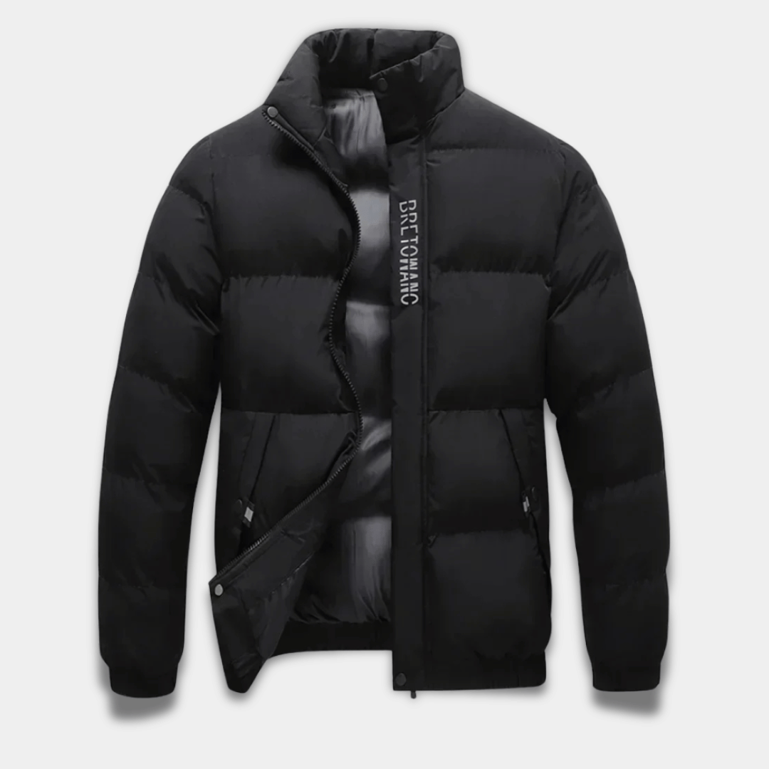 Men’s Quilted Puffer Jacket with High Collar and Warm Insulation-Black