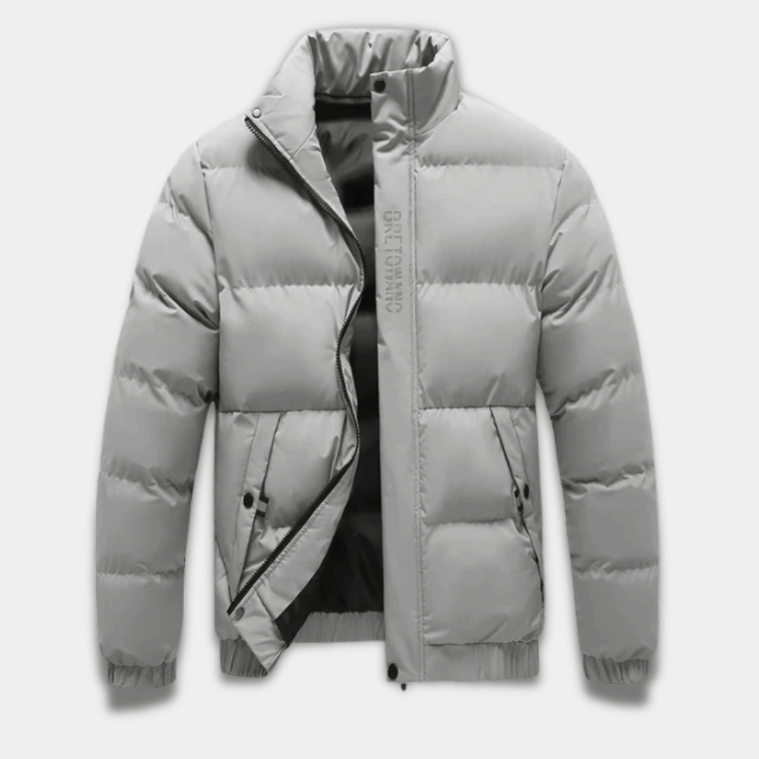Men’s Quilted Puffer Jacket with High Collar and Warm Insulation-Grey