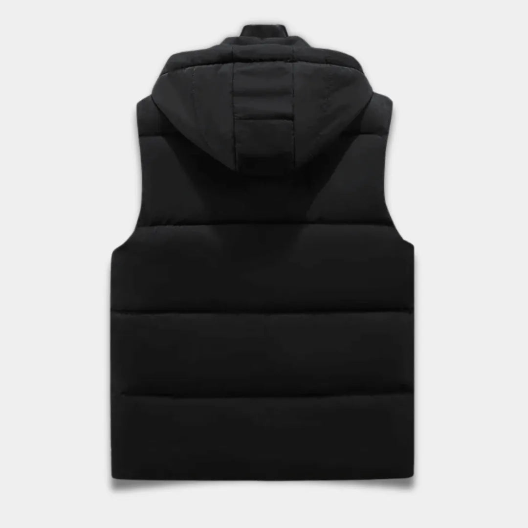 Men’s Quilted Puffer Vest with Adjustable Hood and Zip Pockets-Black