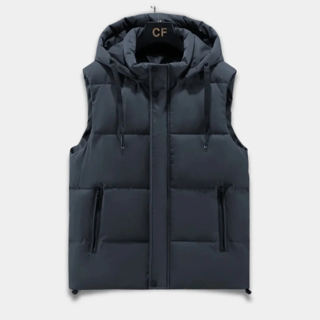 Men’s Quilted Puffer Vest with Adjustable Hood and Zip Pockets-Dark Grey