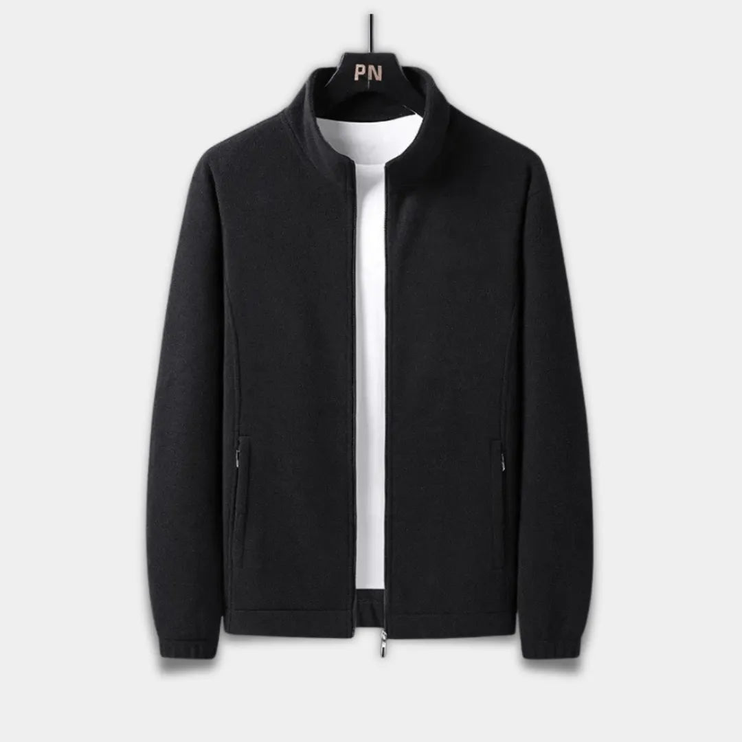 Men’s Regular Fit Fleece Jacket with Stand Collar, Full Zip and Pockets-Black
