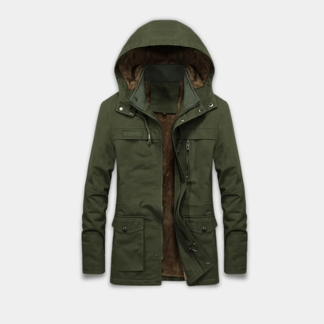 Men’s Relaxed Fit Hooded Jacket with Sherpa Lining and Multiple Pockets-Army Green