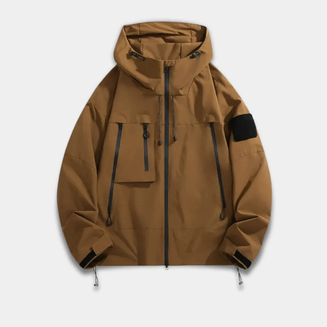 Men’s Relaxed Fit Wind-Resistant Jacket with Adjustable Hood and Utility Pockets-Brown
