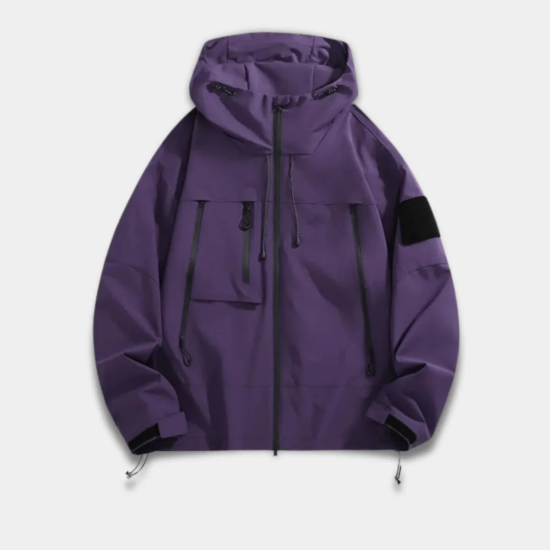 Men’s Relaxed Fit Wind-Resistant Jacket with Adjustable Hood and Utility Pockets-Purple