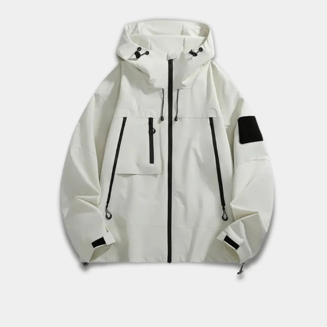 Men’s Relaxed Fit Wind-Resistant Jacket with Adjustable Hood and Utility Pockets-White