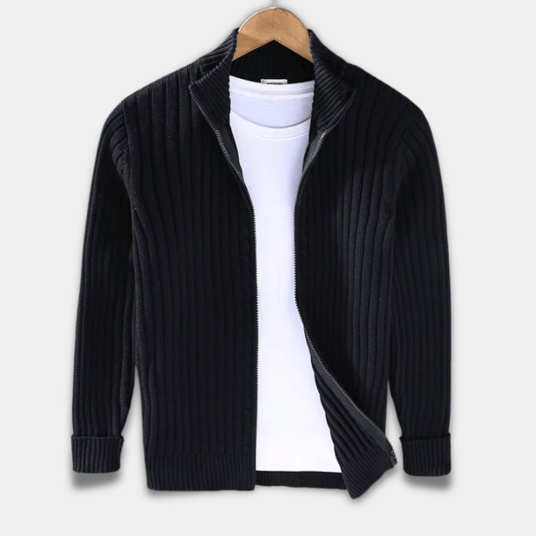 Men’s Ribbed Knit Zip-Up Cardigan Sweater-Black
