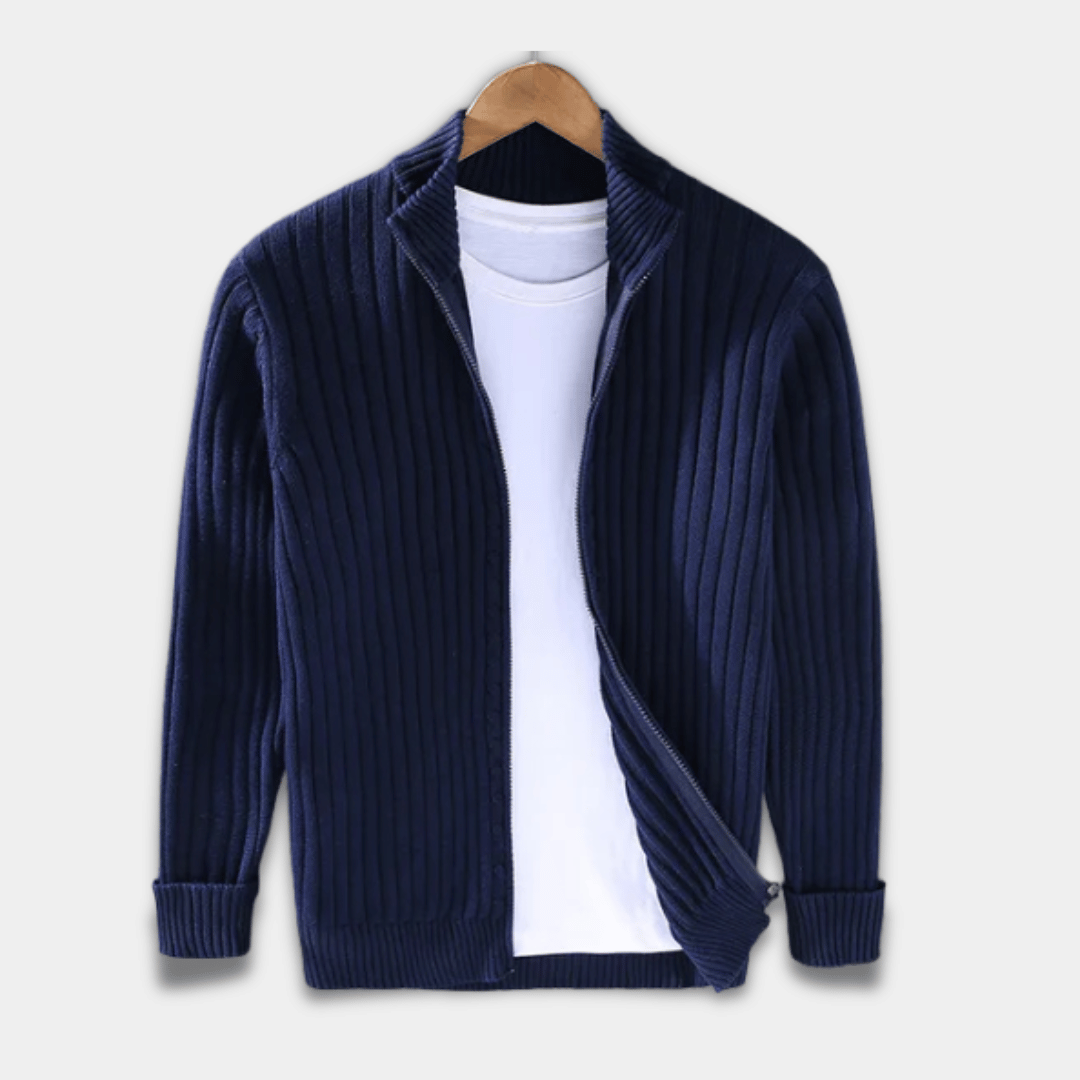 Men’s Ribbed Knit Zip-Up Cardigan Sweater-Dark Blue