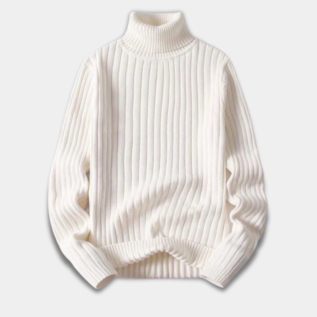 Men’s Ribbed Turtleneck Sweater with Classic Fit-White