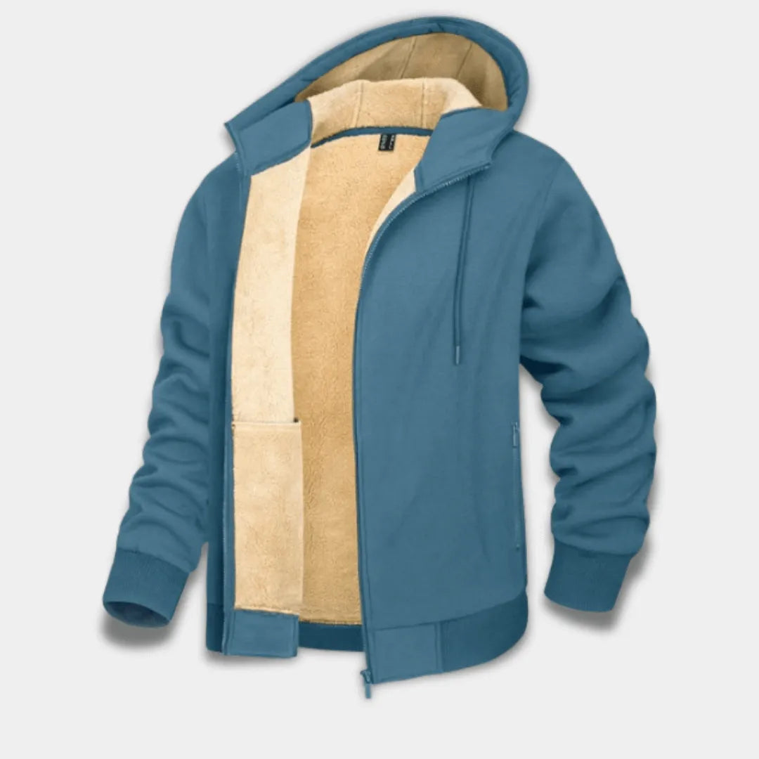 Men’s Sherpa-Lined Hoodie Jacket with Full Zip and Ribbed Trim-Ocean Blue
