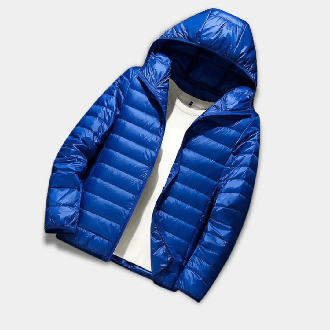 Men’s Slim Fit Hooded Puffer Jacket with Lightweight Water-Resistant Quilted Design-Blue