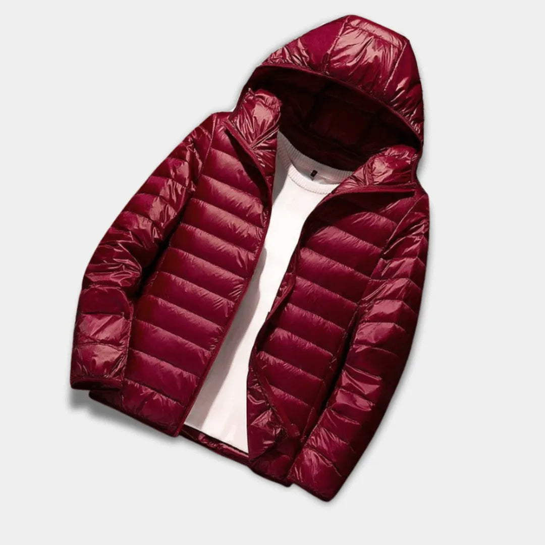 Men’s Slim Fit Hooded Puffer Jacket with Lightweight Water-Resistant Quilted Design-Red