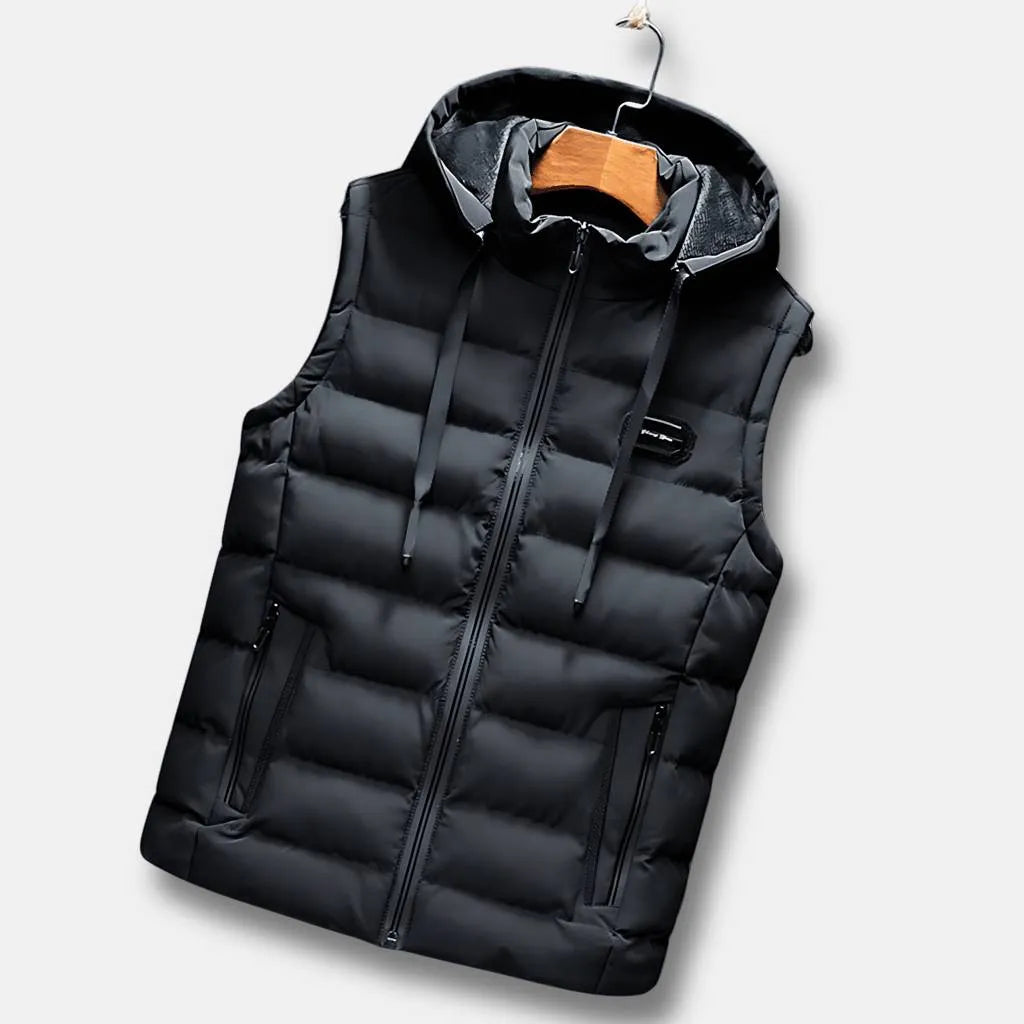 Men’s Water-Resistant Bodywarmer Vest with Hood and Thermal Lining-Black