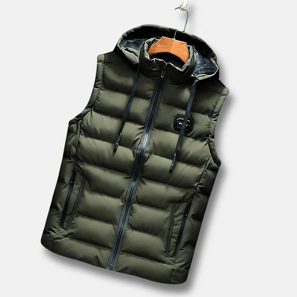 Men’s Water-Resistant Bodywarmer Vest with Hood and Thermal Lining-Green