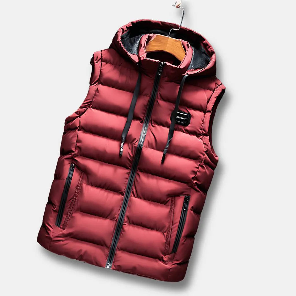 Men’s Water-Resistant Bodywarmer Vest with Hood and Thermal Lining-Red