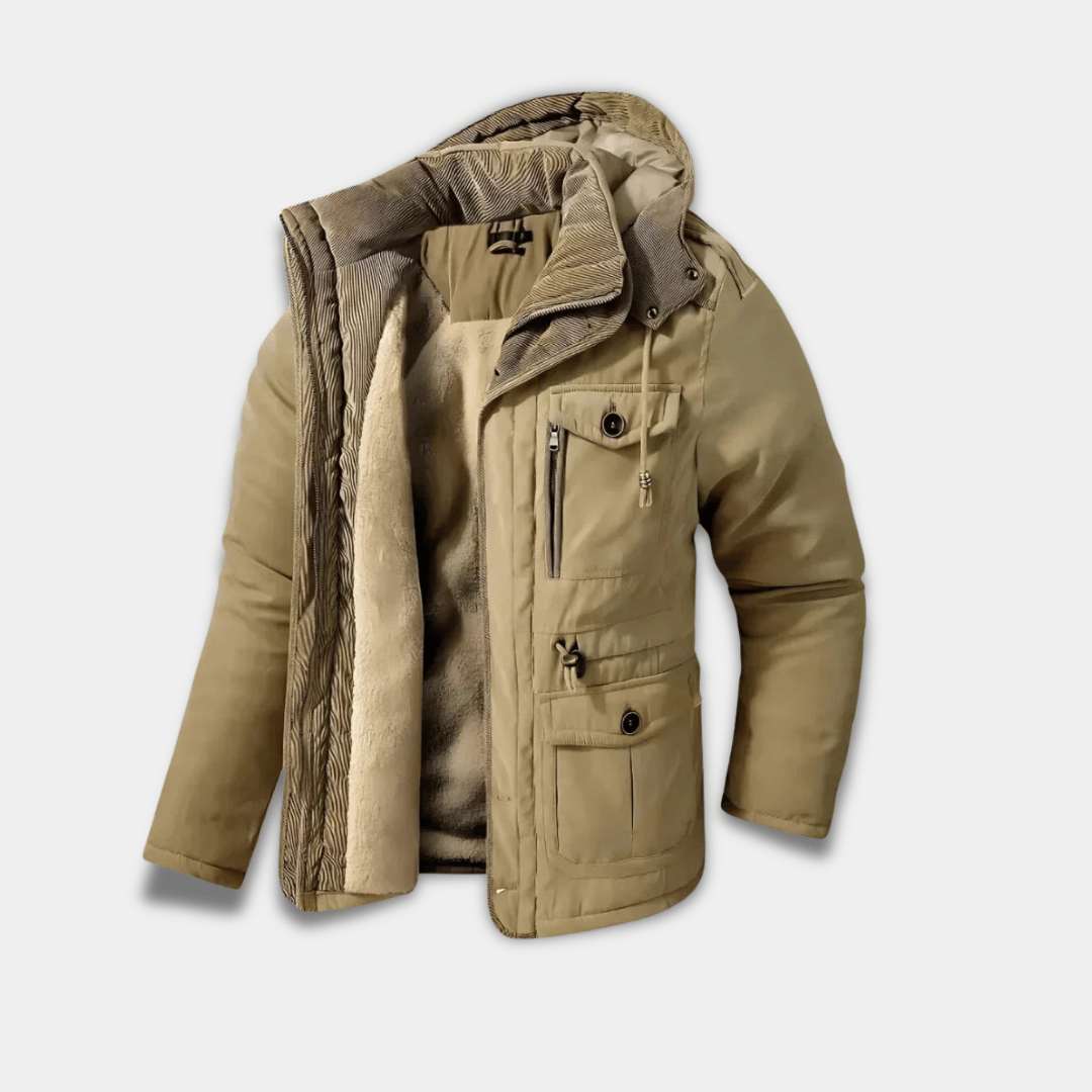 Men’s Waterproof Winter Parka with Fleece Lining and Detachable Hood-Beige