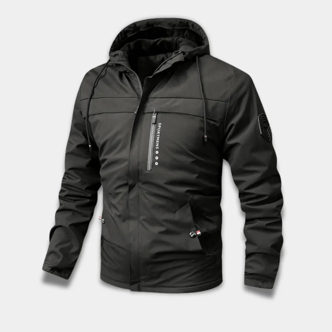 Men’s Windproof Water-Resistant Jacket with Fleece Hood and Zipped Pockets-Lanuvo