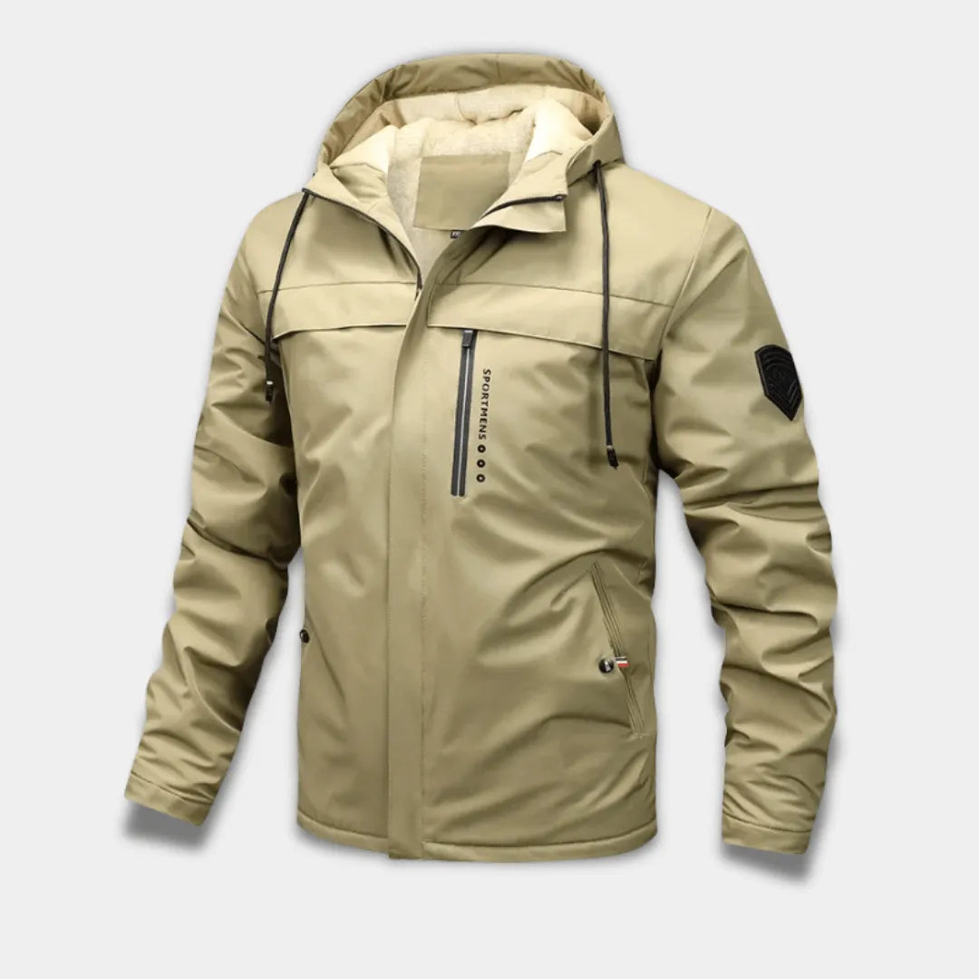 Men’s Windproof Water-Resistant Jacket with Fleece Hood and Zipped Pockets-Lanuvo