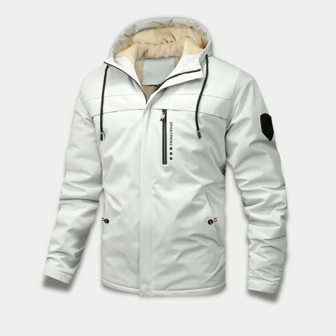 Men’s Windproof Water-Resistant Jacket with Fleece Hood and Zipped Pockets-Lanuvo