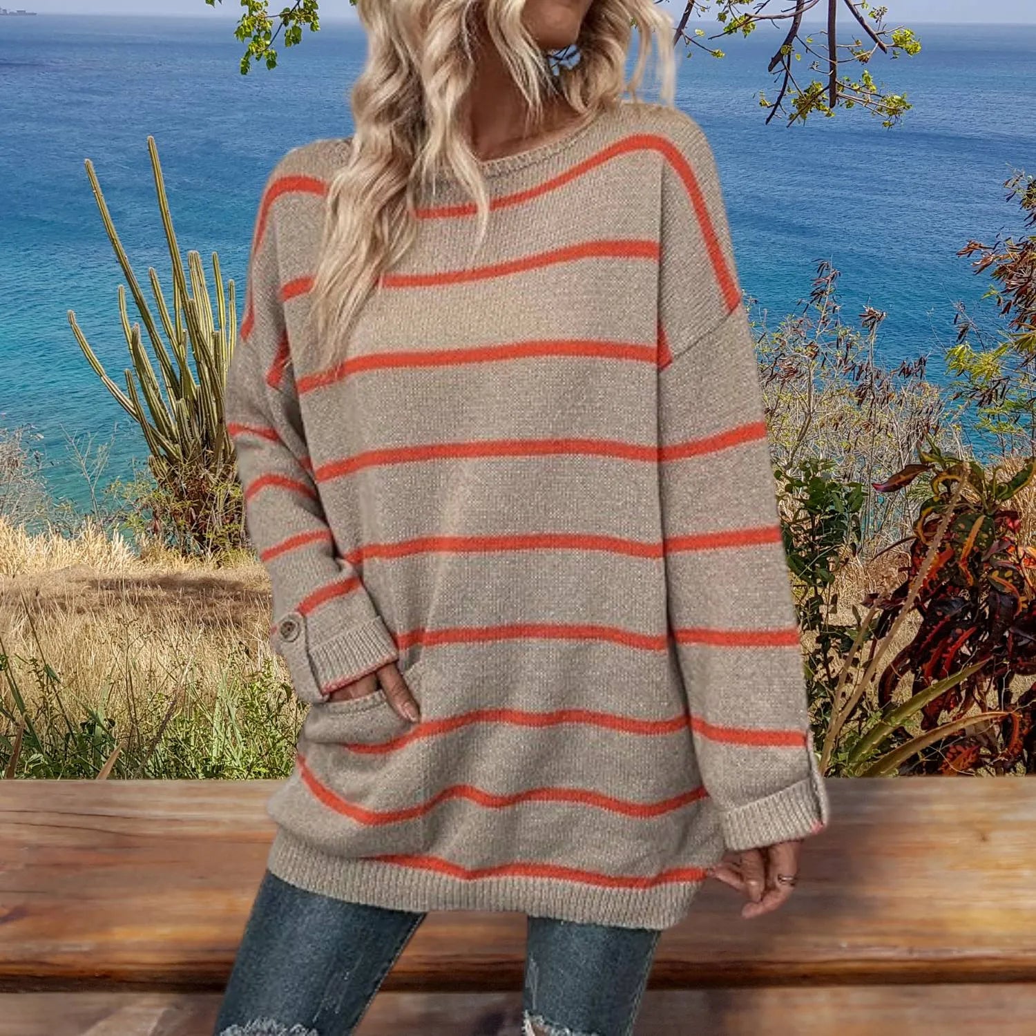 Oversized Striped Knitted Jumper for Women with Front Pockets | Mae-Grey