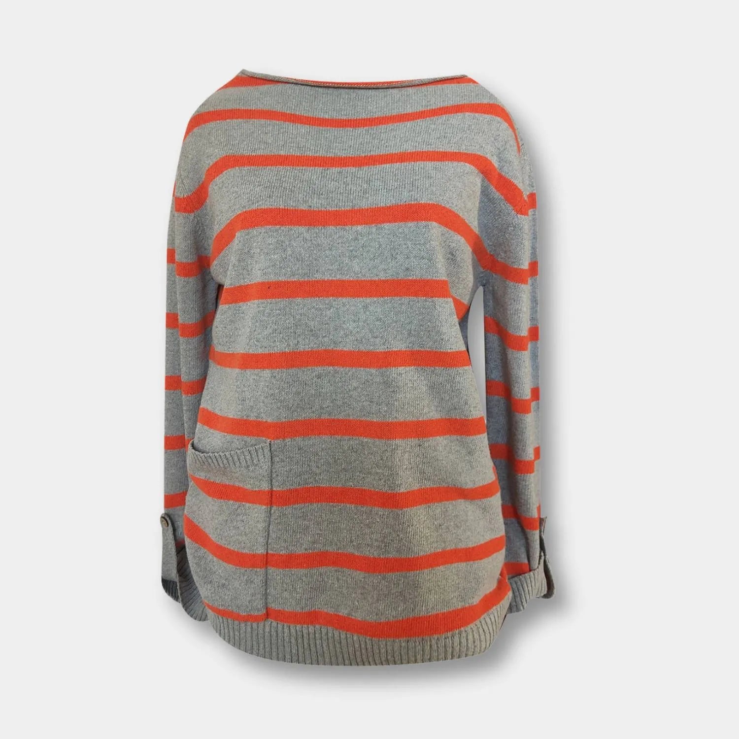 Oversized Striped Knitted Jumper for Women with Front Pockets | Mae-Orange/Grey