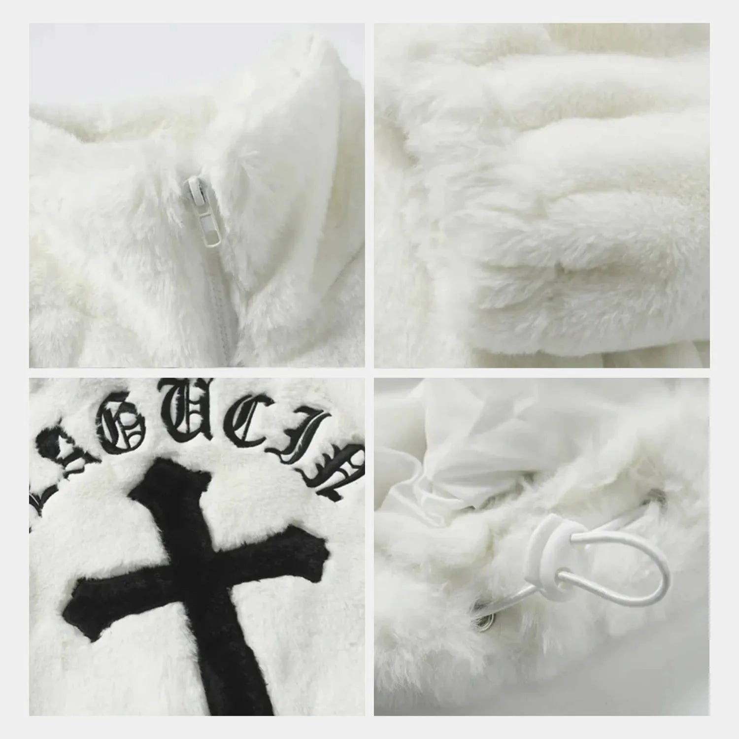 Plush Faux Fur Jacket for Men with Embroidered Cross Design and High Collar | Danilo-White