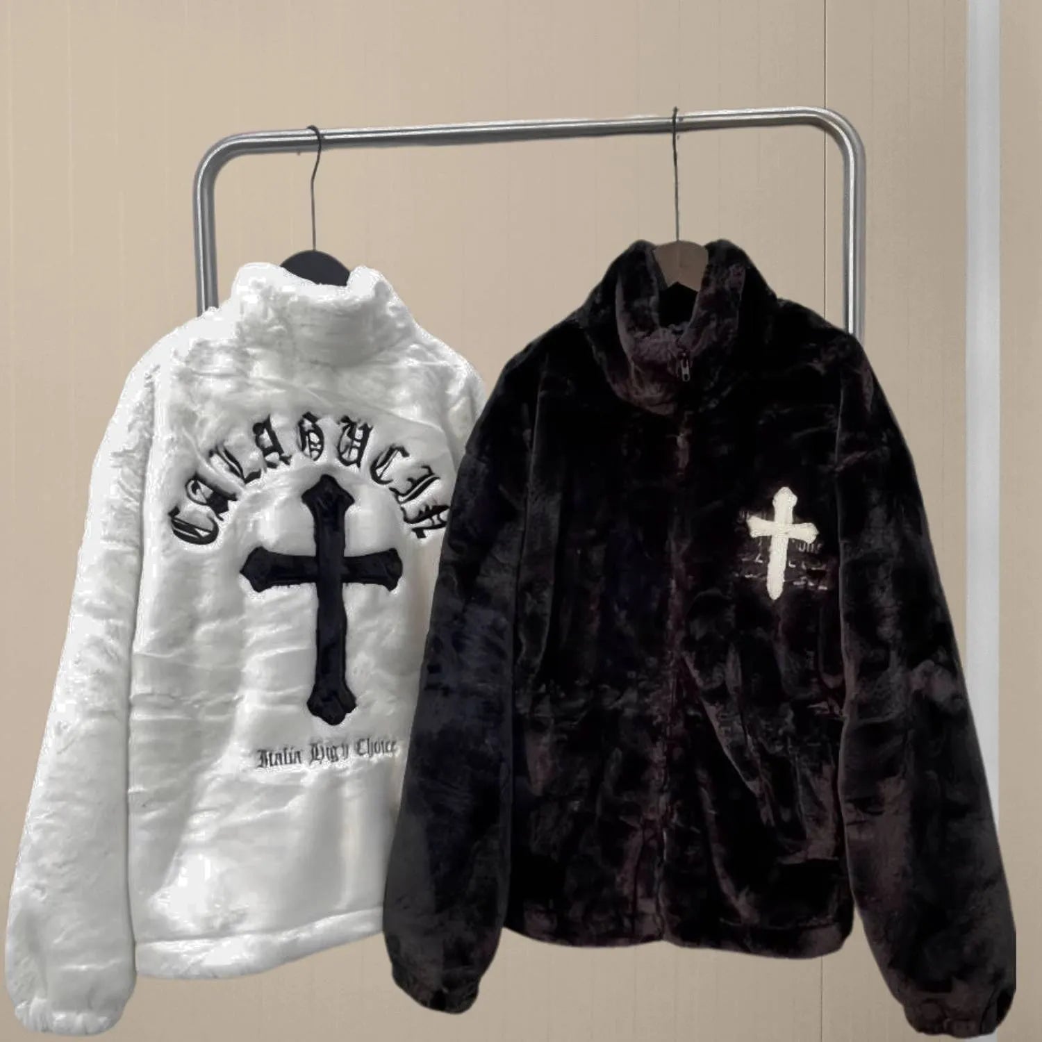 Plush Faux Fur Jacket for Men with Embroidered Cross Design and High Collar | Danilo-Black