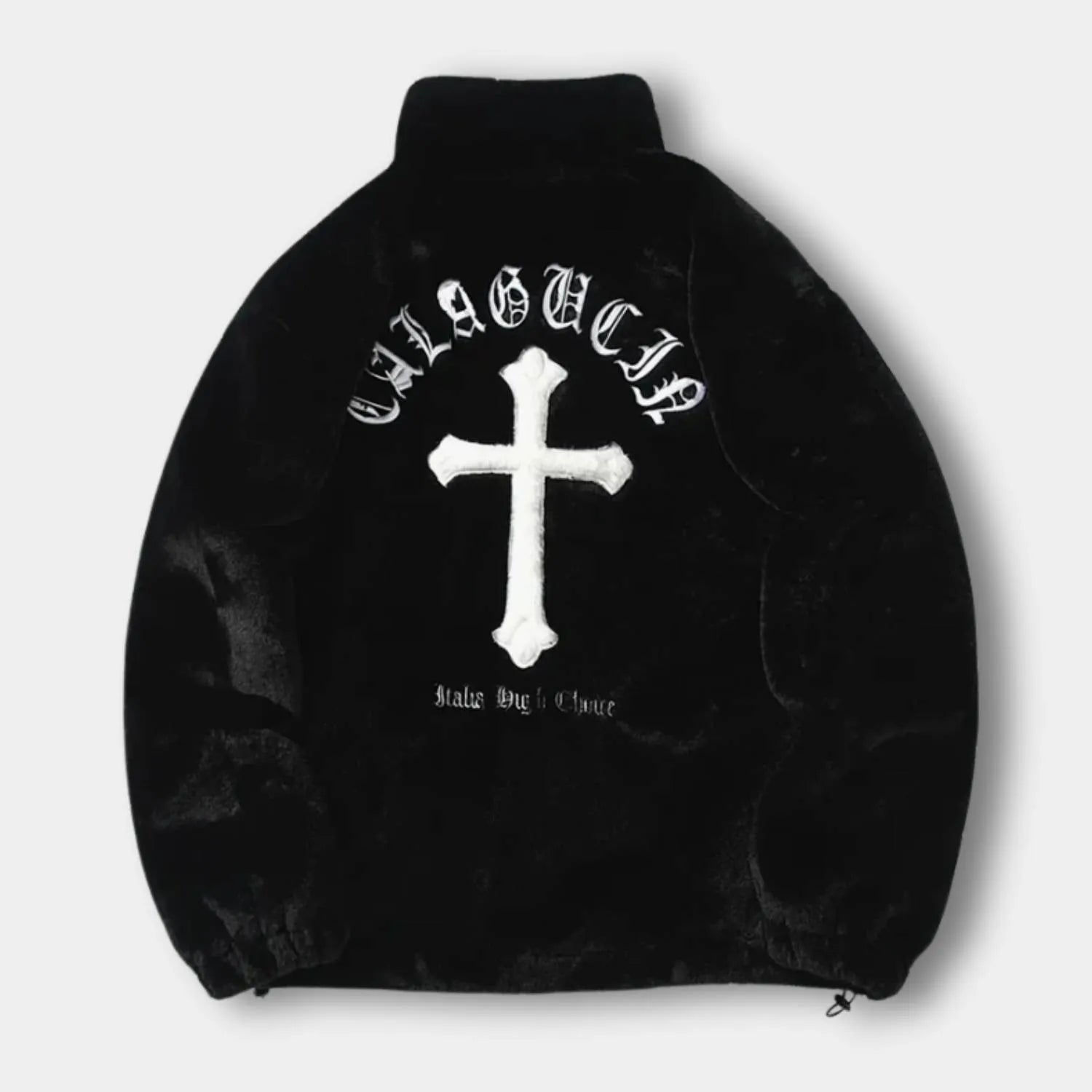 Plush Faux Fur Jacket for Men with Embroidered Cross Design and High Collar | Danilo-Black