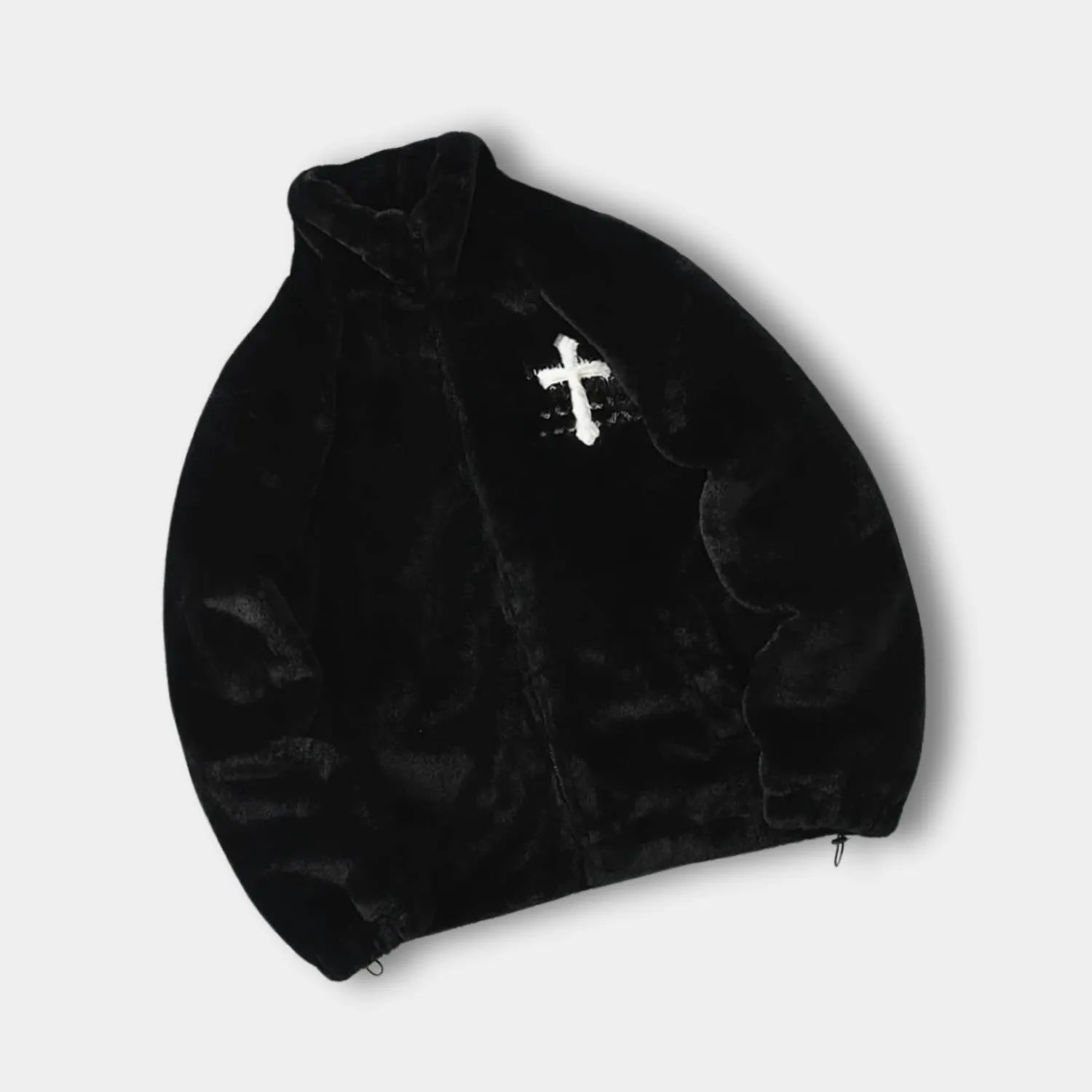 Plush Faux Fur Jacket for Men with Embroidered Cross Design and High Collar | Danilo-Black