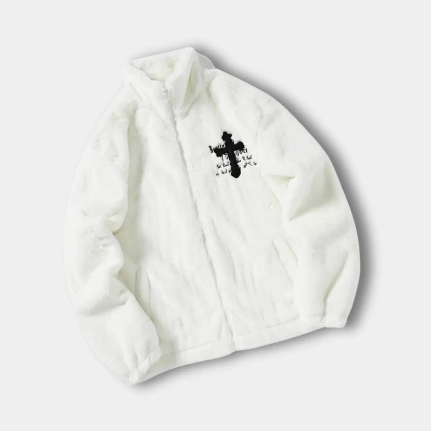 Plush Faux Fur Jacket for Men with Embroidered Cross Design and High Collar | Danilo-White