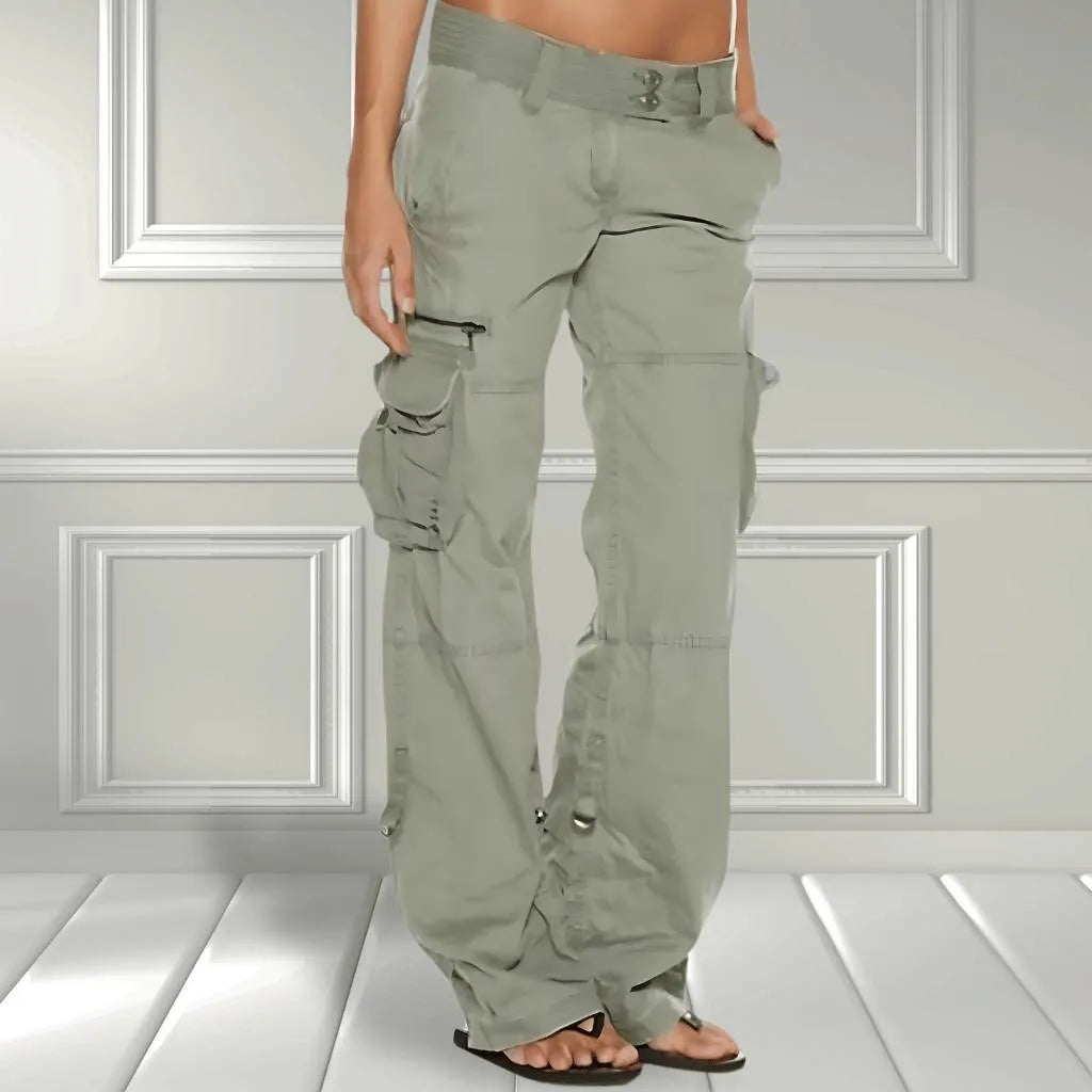 Retro Cargo Trousers for Women with Adjustable Waist and Large Pockets-Green