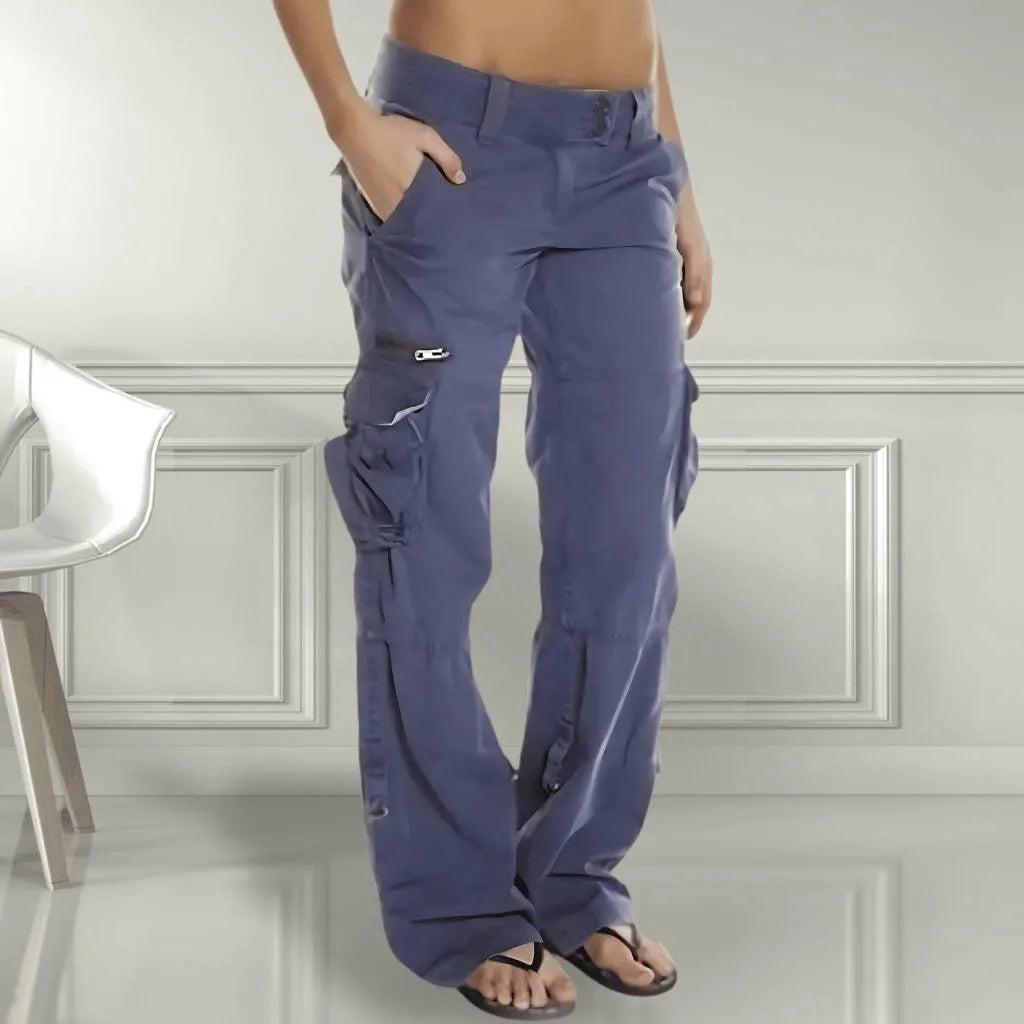 Retro Cargo Trousers for Women with Adjustable Waist and Large Pockets-Blue