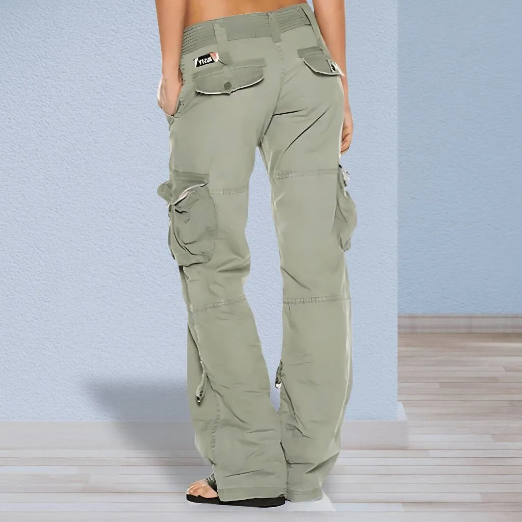 Retro Cargo Trousers for Women with Adjustable Waist and Large Pockets-Green