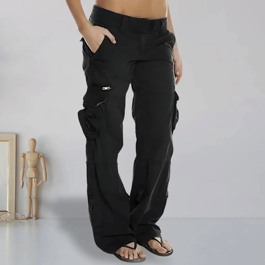 Retro Cargo Trousers for Women with Adjustable Waist and Large Pockets-Black