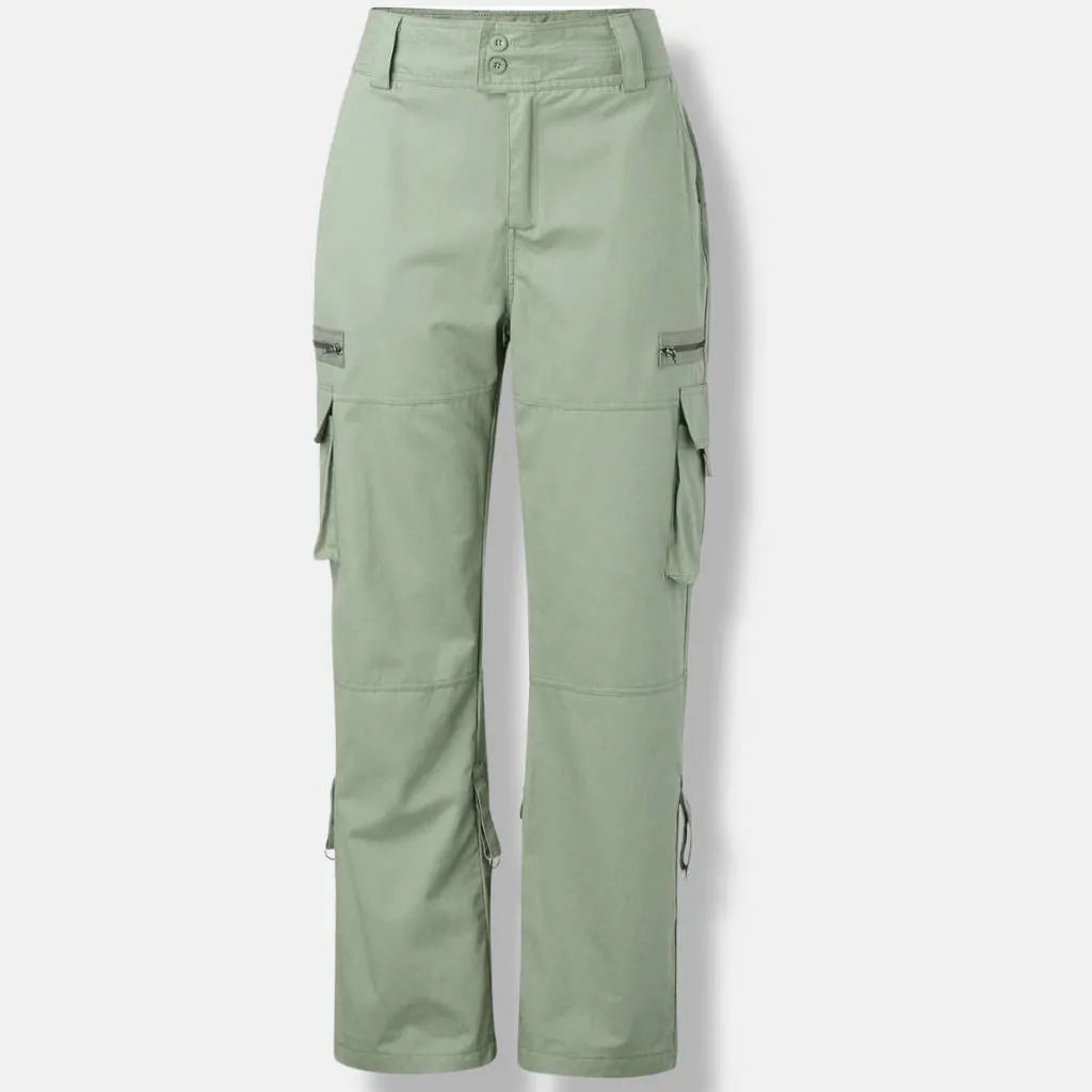 Retro Cargo Trousers for Women with Adjustable Waist and Large Pockets-Green