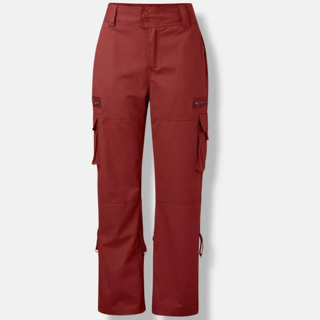 Retro Cargo Trousers for Women with Adjustable Waist and Large Pockets-Red