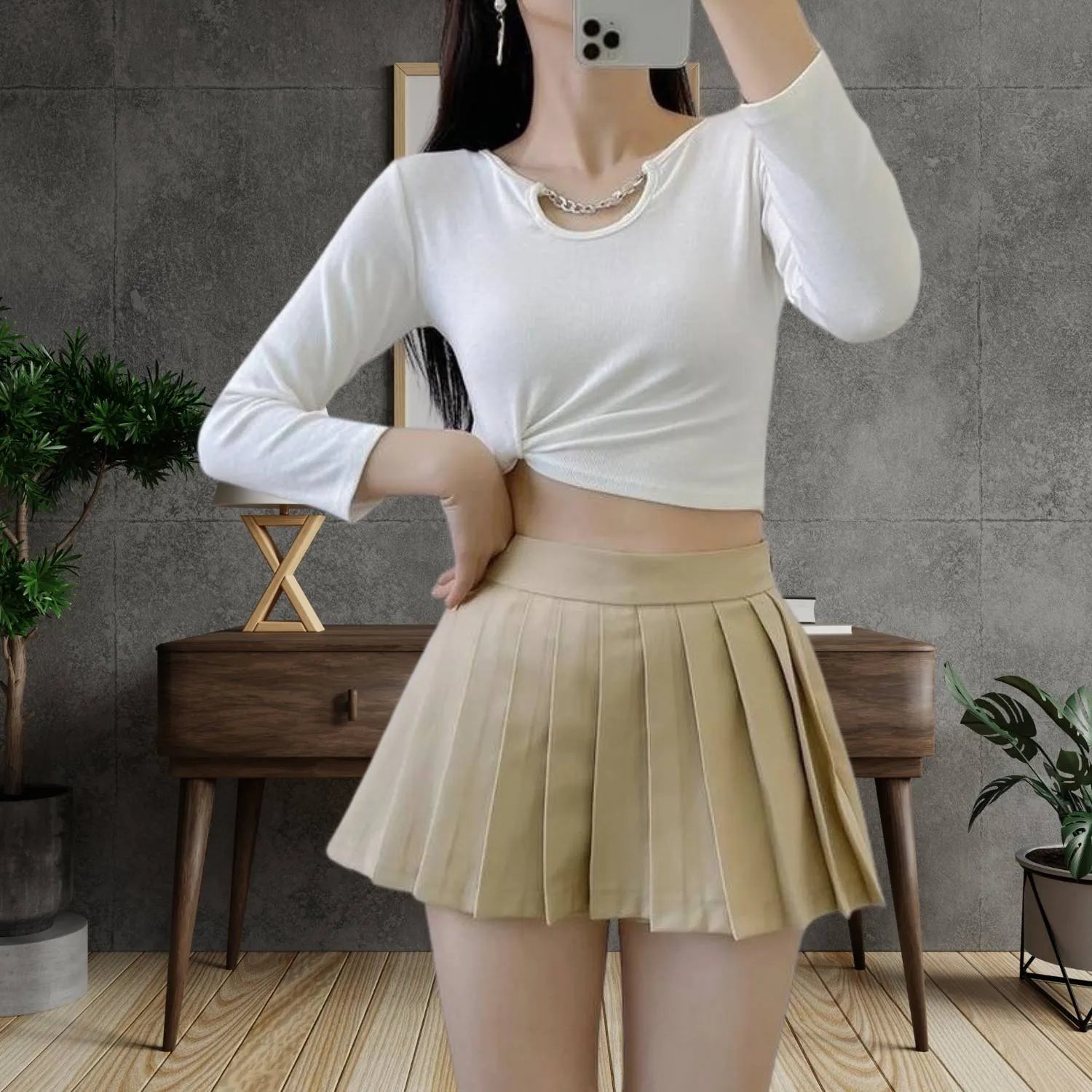 Retro Pleated High-Waisted Skirt for Women with Built-in Shorts | Christa-Apricot