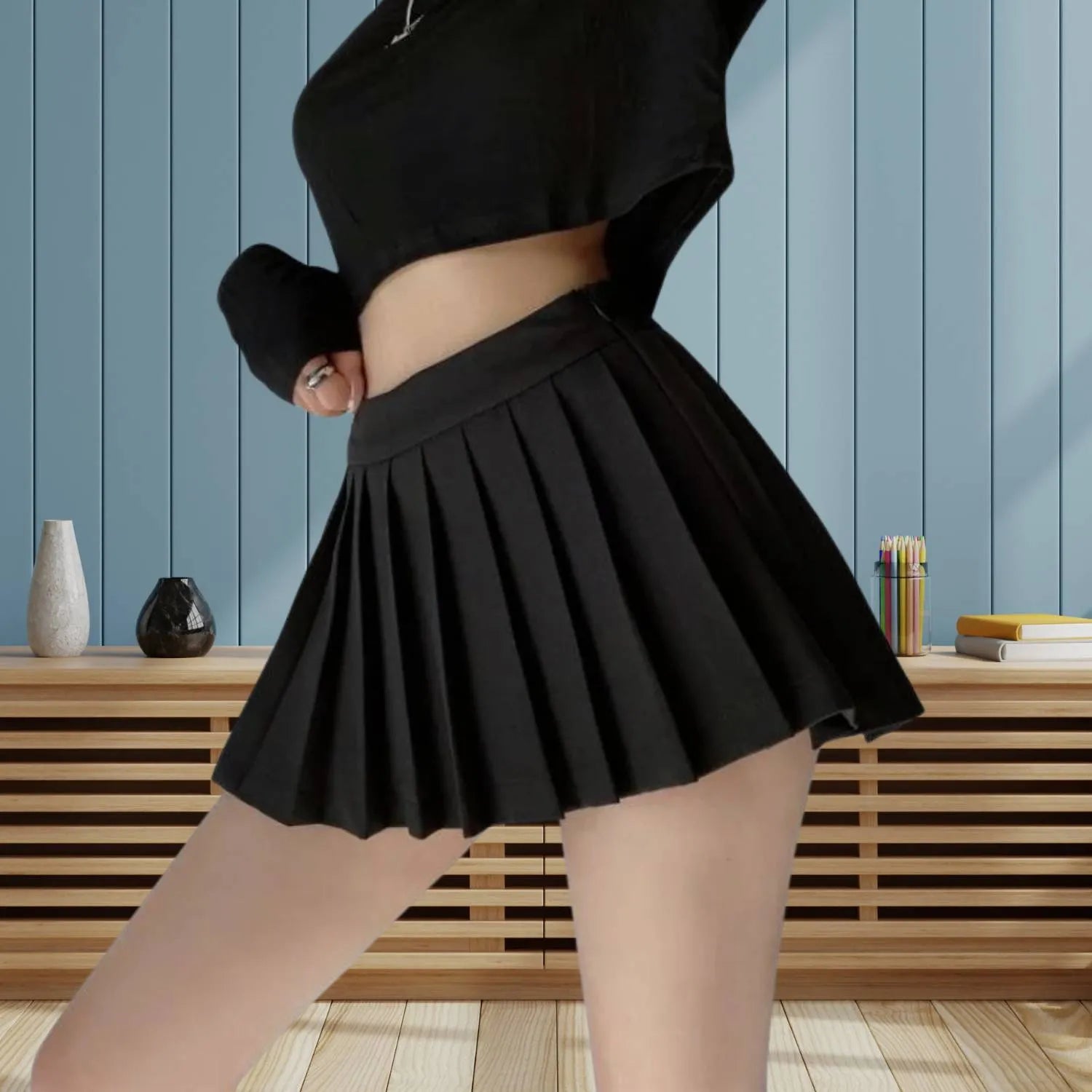 Retro Pleated High-Waisted Skirt for Women with Built-in Shorts | Christa-Black