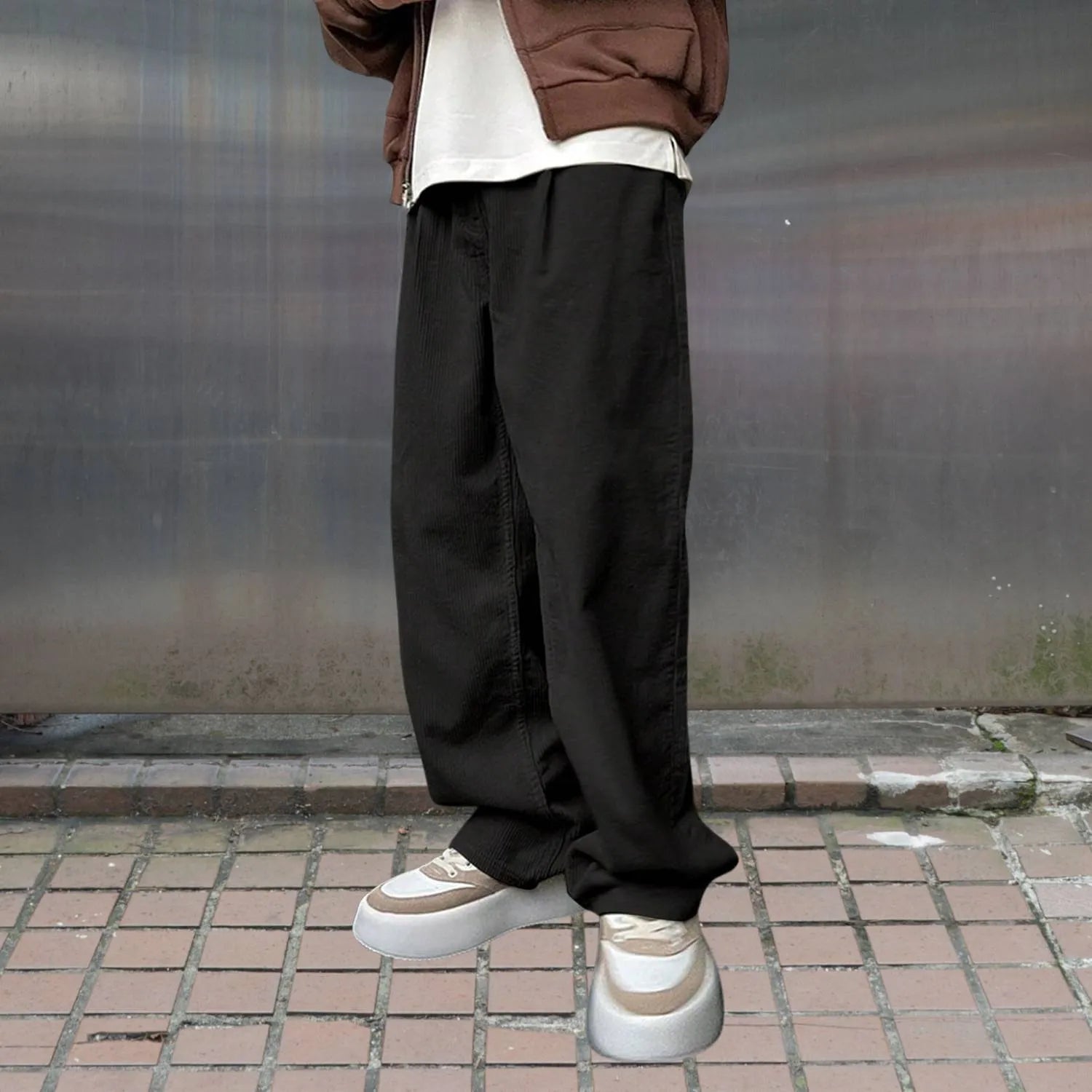 Ribbed Loose-fit Corduroy Trousers for Men with Elastic Waistband-Black