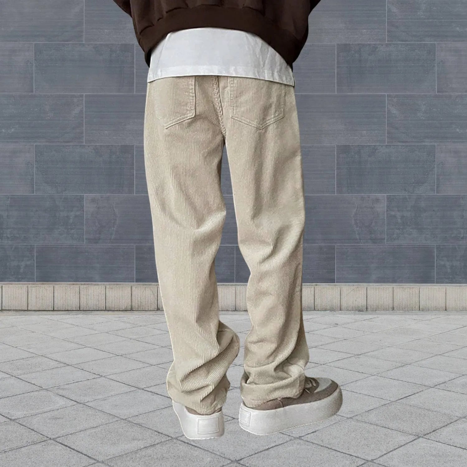 Ribbed Loose-fit Corduroy Trousers for Men with Elastic Waistband-Khaki