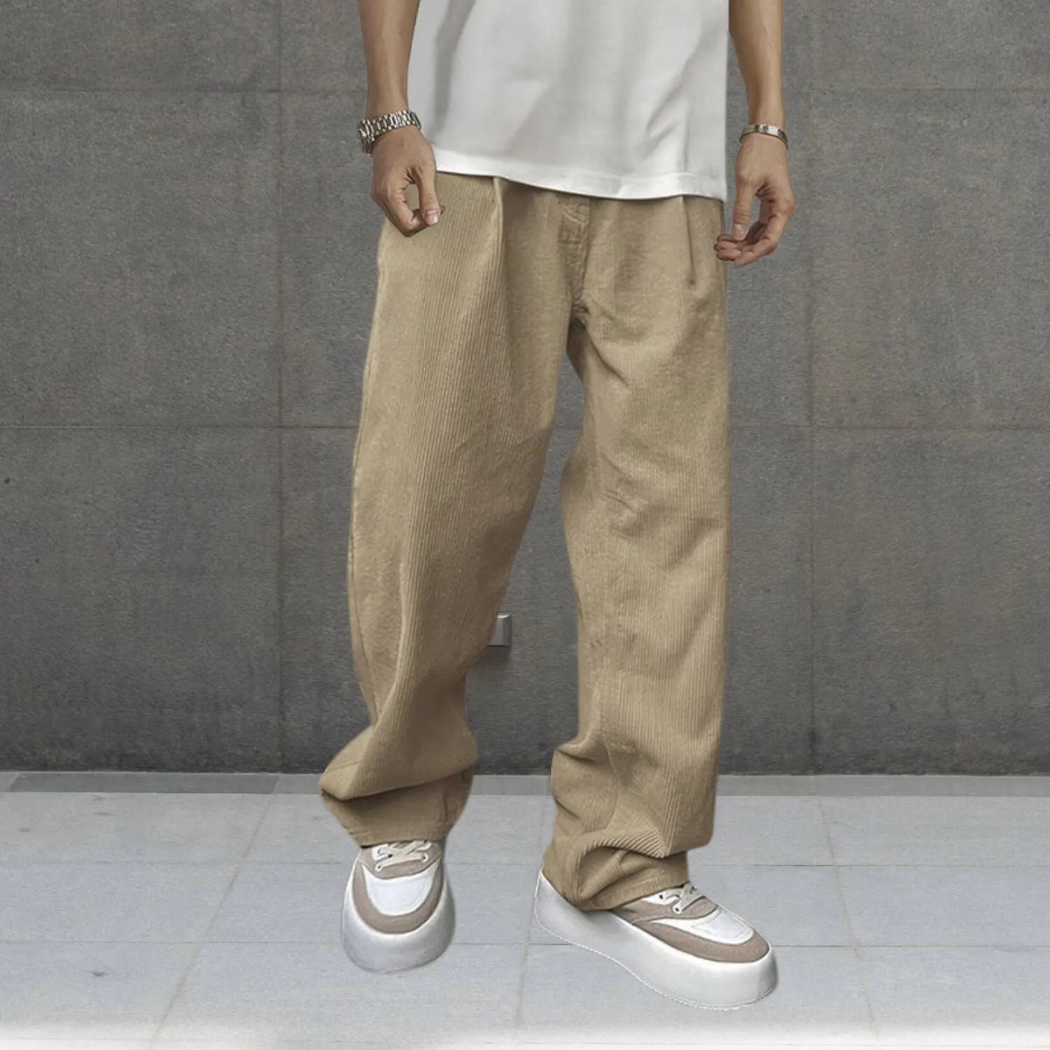 Ribbed Loose-fit Corduroy Trousers for Men with Elastic Waistband-