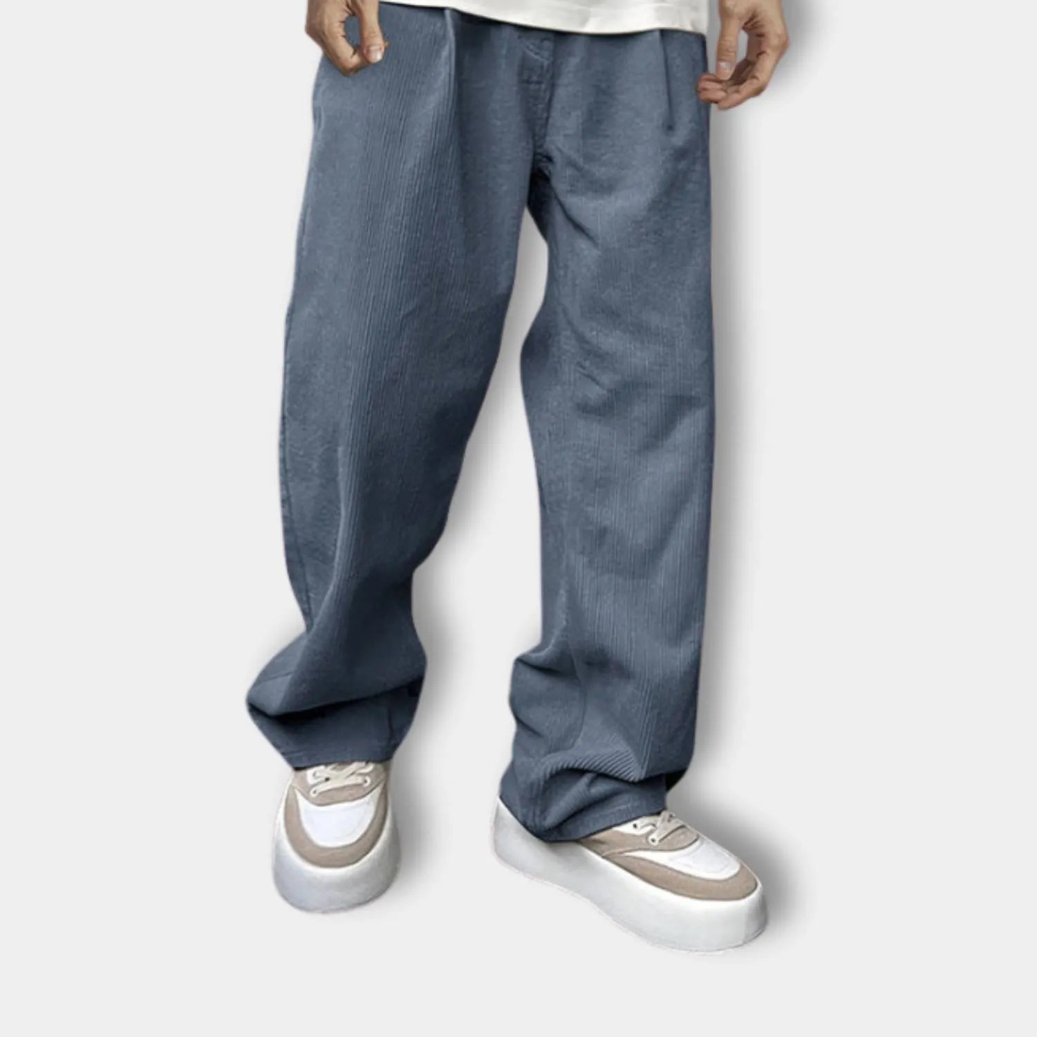 Ribbed Loose-fit Corduroy Trousers for Men with Elastic Waistband-Blue