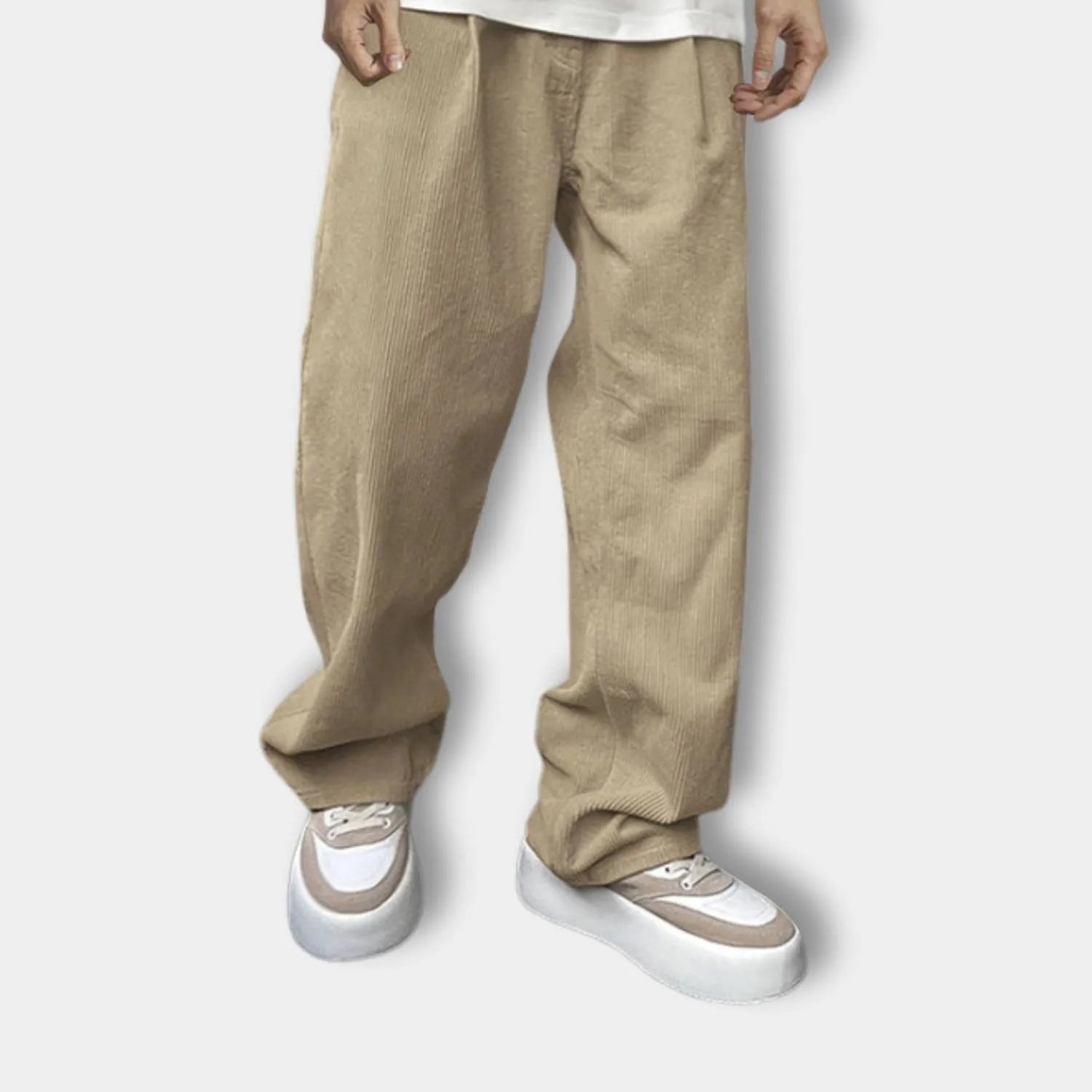 Ribbed Loose-fit Corduroy Trousers for Men with Elastic Waistband-Light Brown