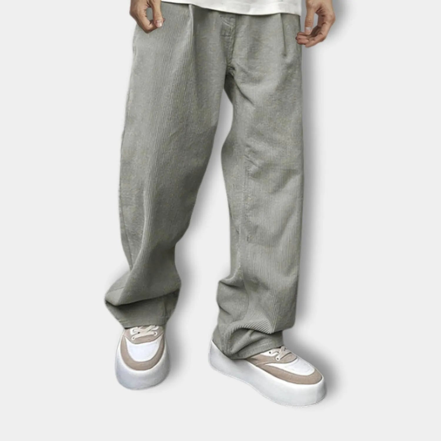 Ribbed Loose-fit Corduroy Trousers for Men with Elastic Waistband-Light Grey