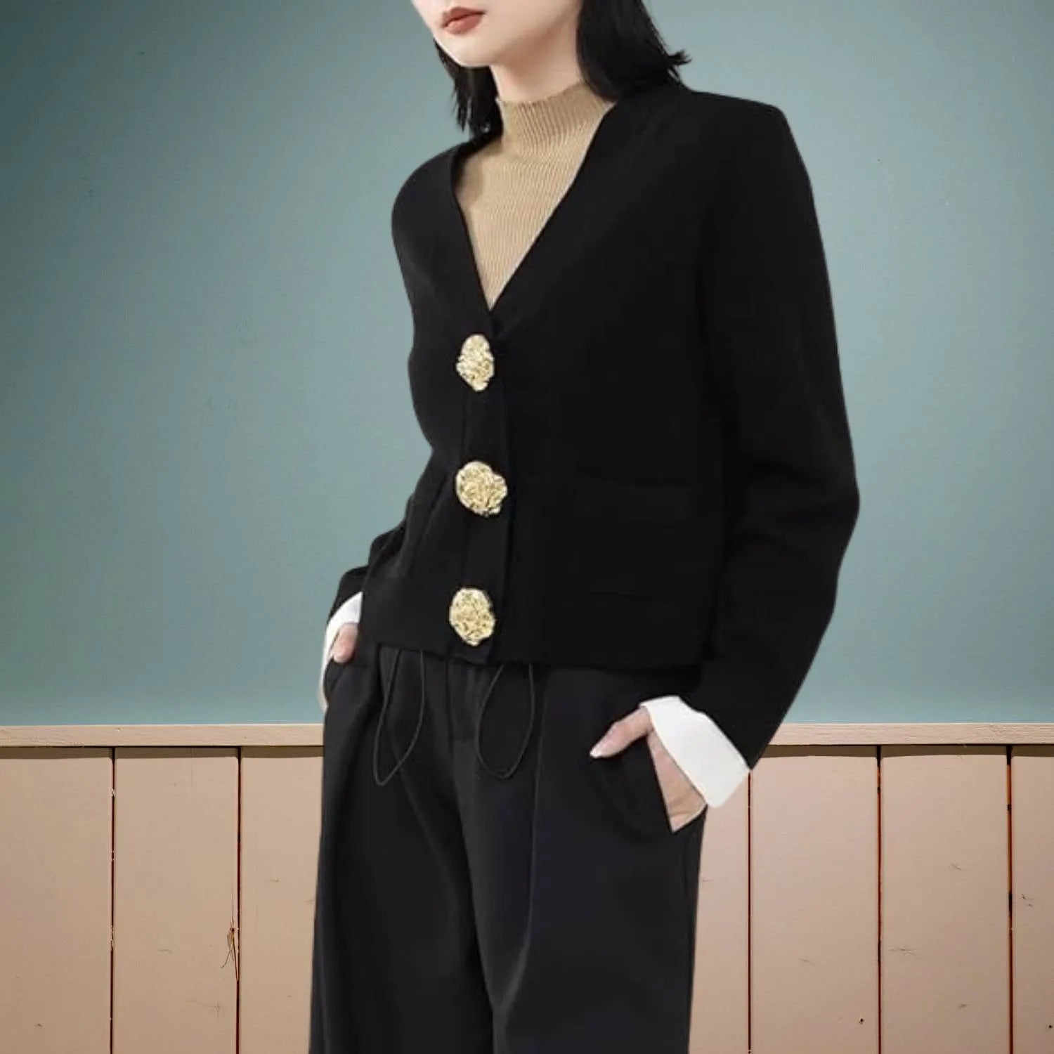 V-neck Knitted Cardigan for Women with Contrasting Gold-Coloured Buttons | Dora-