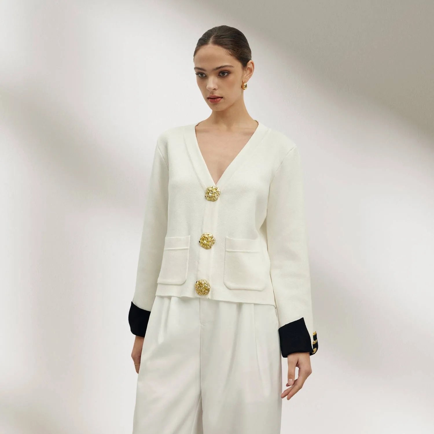 V-neck Knitted Cardigan for Women with Contrasting Gold-Coloured Buttons | Dora-White