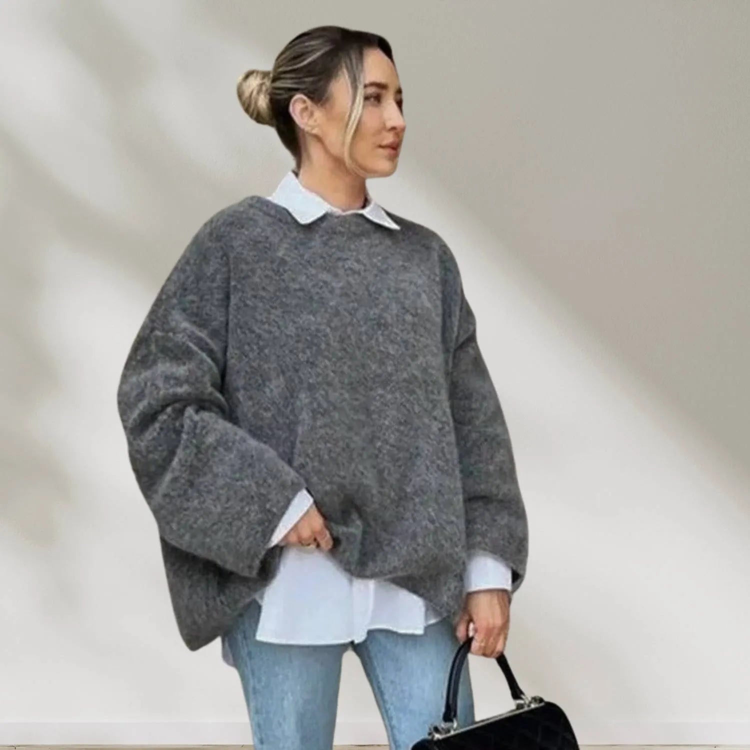 Warm and Snug Oversized Wool Jumper for Women with Round Neck | Carina-Grey
