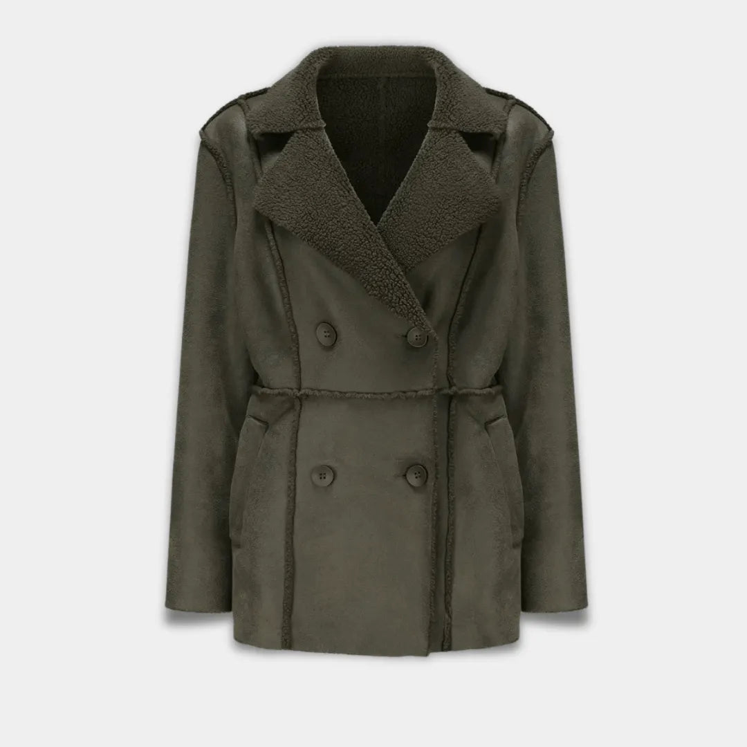 Women’s Double-Breasted Faux Suede Coat with Sherpa Lining-Green