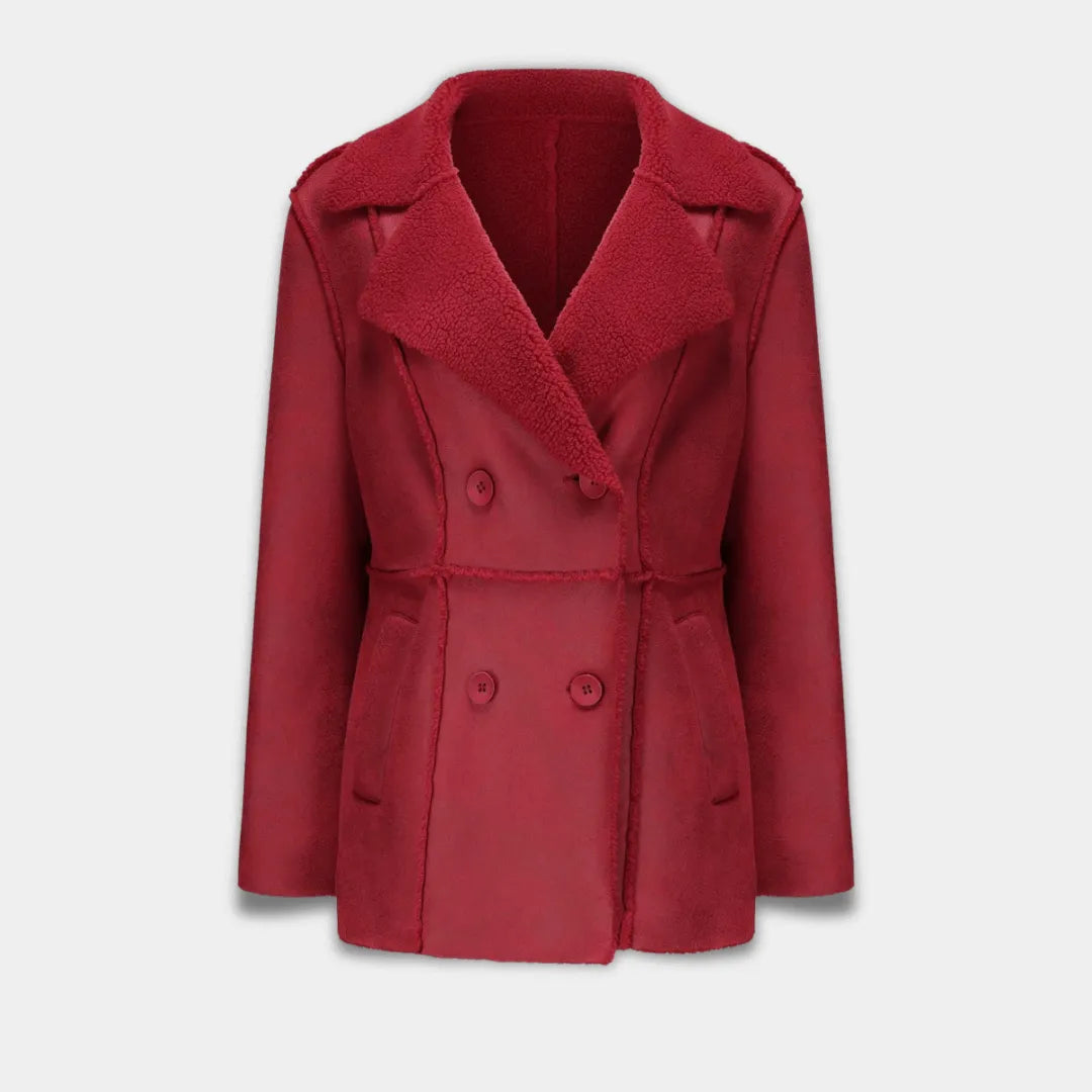 Women’s Double-Breasted Faux Suede Coat with Sherpa Lining-Red