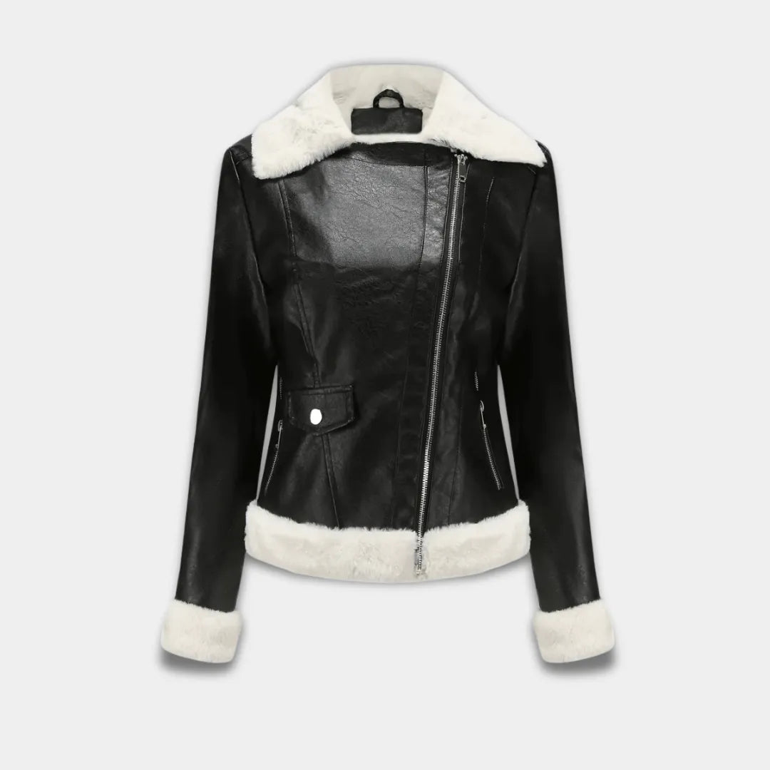 Women’s Faux Leather Jacket with Faux Fur Trim and Asymmetrical Zip-Lanuvo