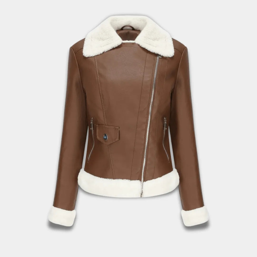 Women’s Faux Leather Jacket with Faux Fur Trim and Asymmetrical Zip-Lanuvo